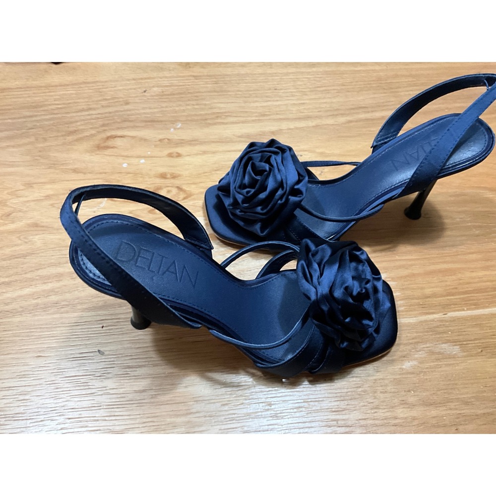 Deltan Navy Blue Satin Rosette Floral Slingback Heels Square Toe Sandals 7.5M